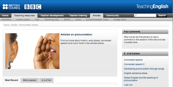Screenshot of TEBC Pronunciation Articles page