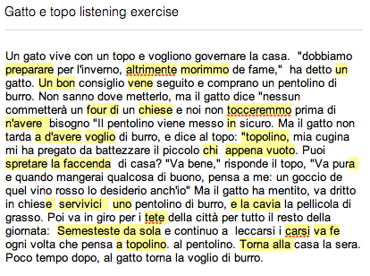 My first Italian dictation with errors highlighted. 