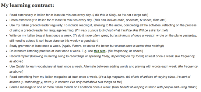 This is my learning contract, dutifully copied and pasted into Evernote. 