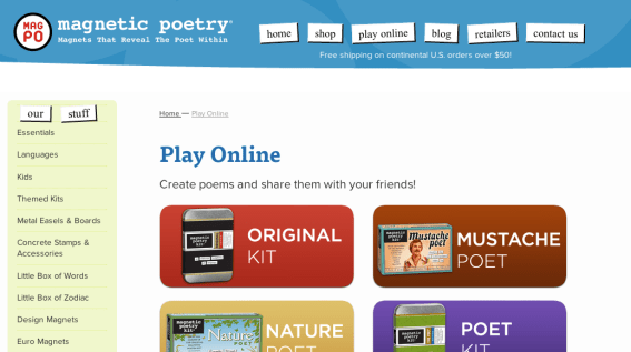 Screenshot from Magnetic Poetry Online (http://magneticpoetry.com/pages/play-online)