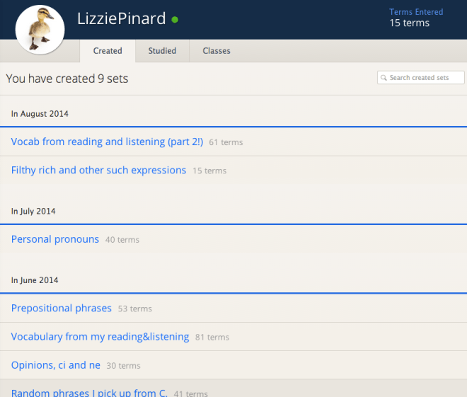 All my sets for the summer! (Except the two you can't see at the bottom, called 'phrases with fare/avere/essere/voler/potere/dovere ' and 'verbs and prepositions'