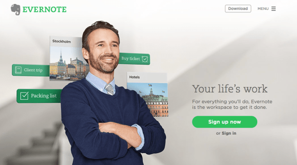 Screenshot of Evernote-s homepage: They clearly got this dude off Shutterstock or similar! ;-) 